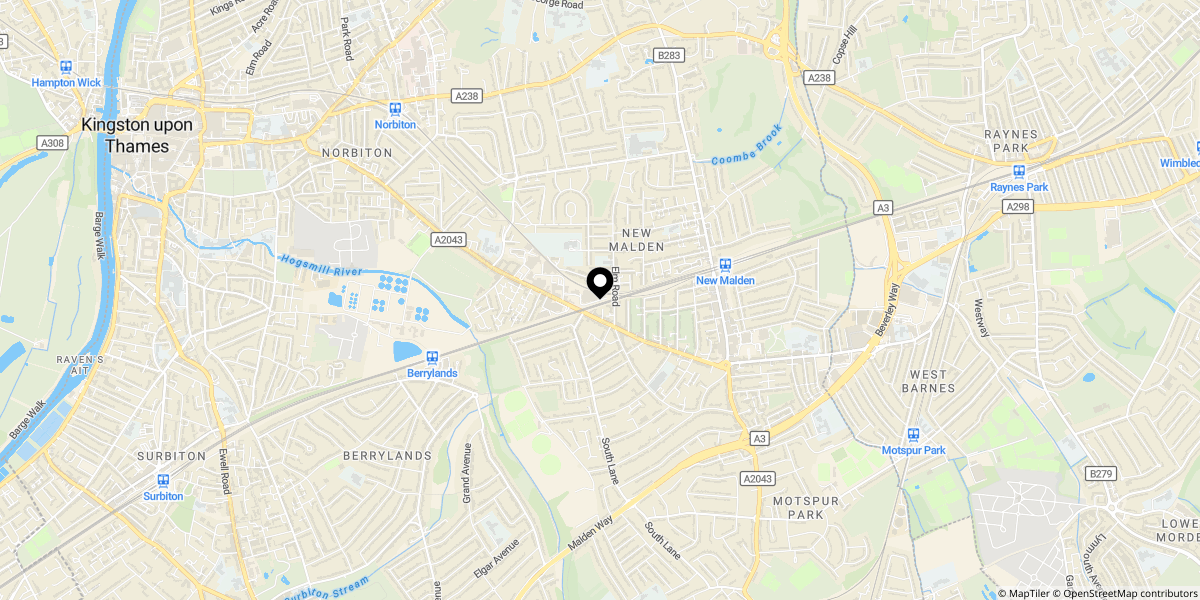 Approximate location of Northcote Road, New Malden, KT3 3HF