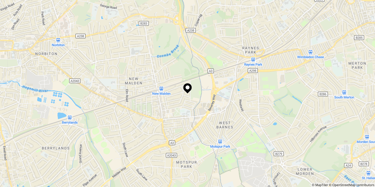 Approximate location of Dukes Avenue, New Malden, KT3 4HR
