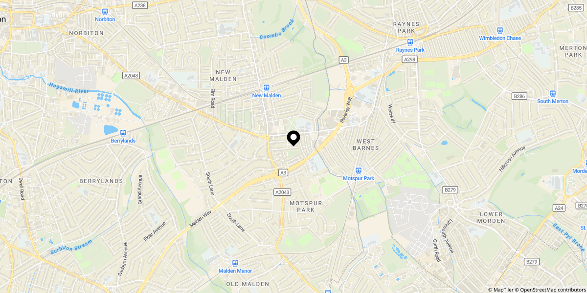 Approximate location of Queens Road, New Malden, KT3 6BX