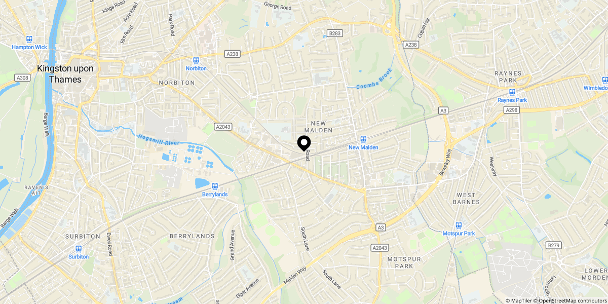 Approximate location of Melrose Gardens, New Malden, KT3 3HQ