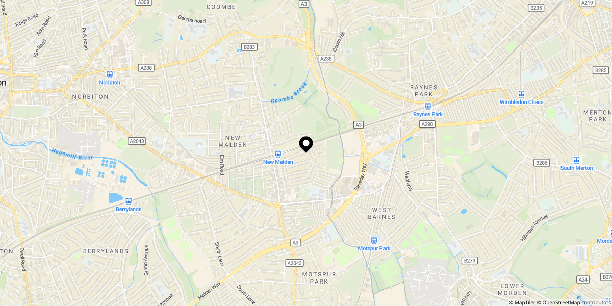 Approximate location of Malden Hill, New Malden, KT3 4DS