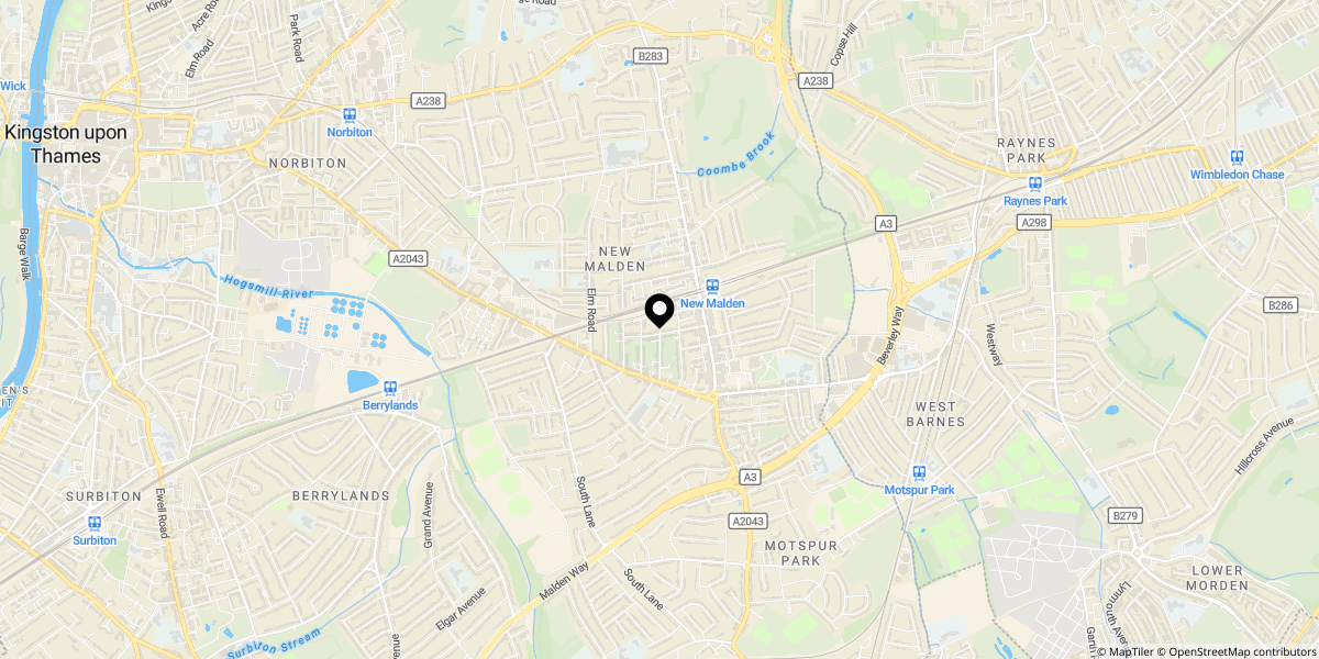 Approximate location of Cleveland Road, New Malden, KT3 3QQ